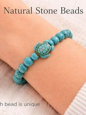 New Stretchy Beaded Bracelet Turquoise Stone Beads & Turtle Charm Beach Jewelry